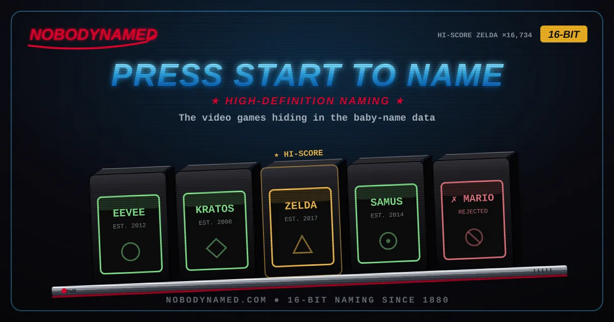Press Start to Name — a Sega Genesis–style stack of cartridges standing on edge, labeled with video-game names that became baby names